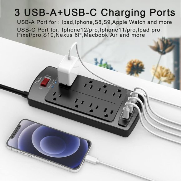 Surge Protector Power Strip - Nuetsa Flat Plug Extension Cord with 8 Outlets - Picture 3 of 7